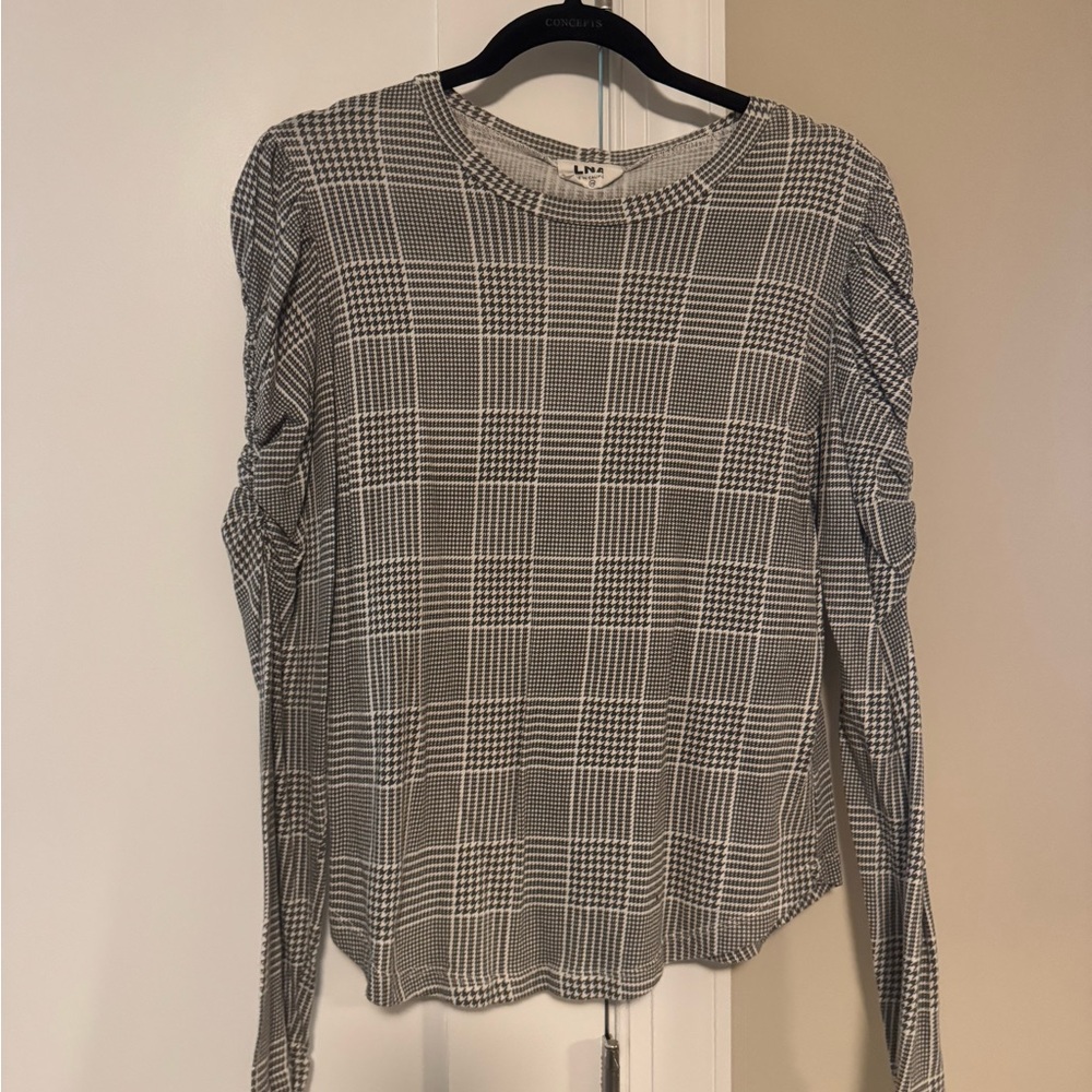 LNA Black & White Plaid Ruched-Sleeve Long Sleeve Top